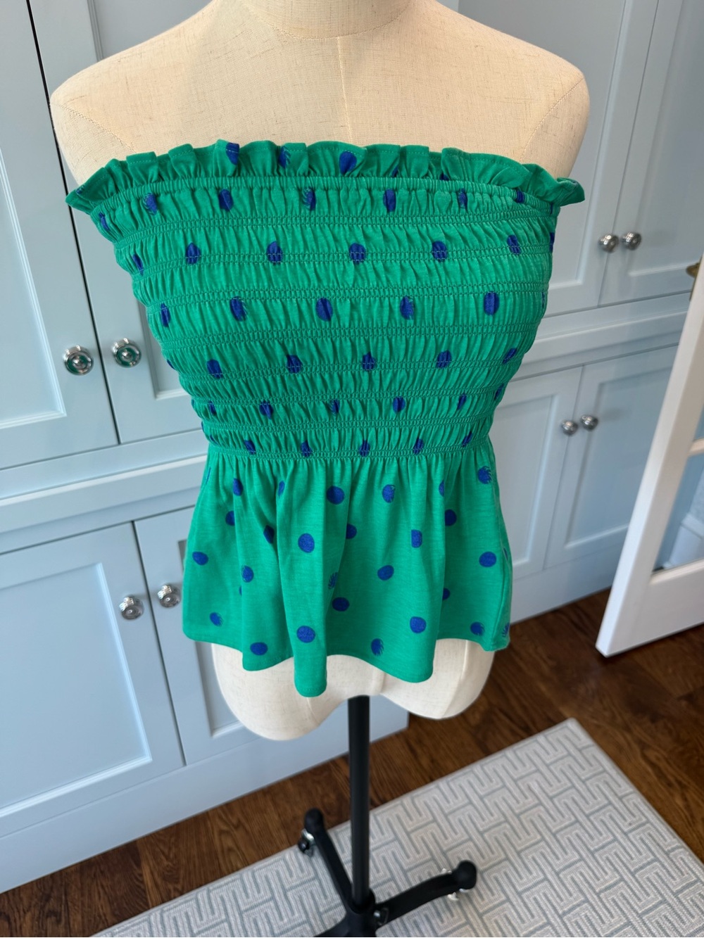 Lilly Pulitzer Green Smocked Strapless Peplum Top with Blue Polka Dots
